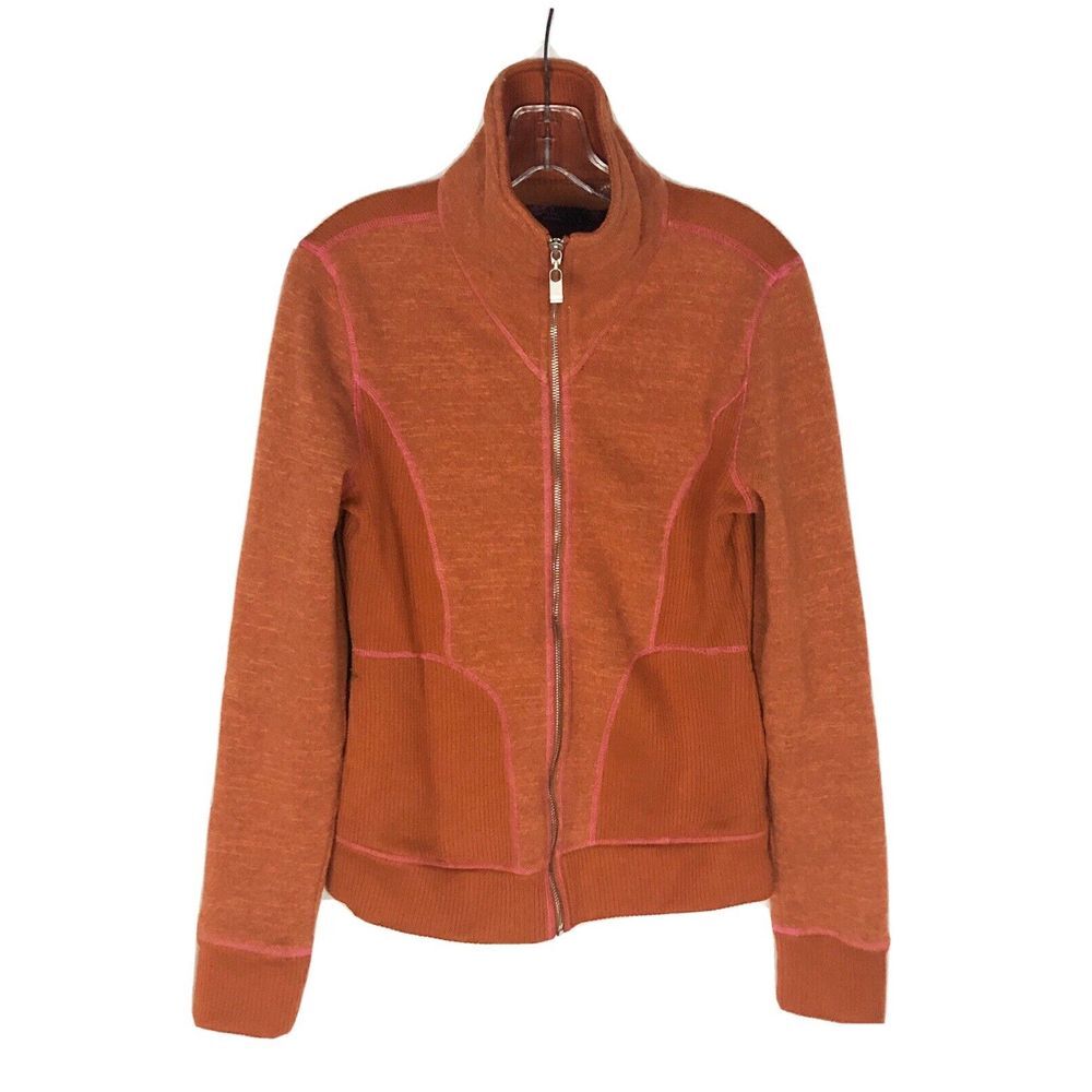 Prana Rust Orange Zip-Up Sweater Jacket with Pink Stitching